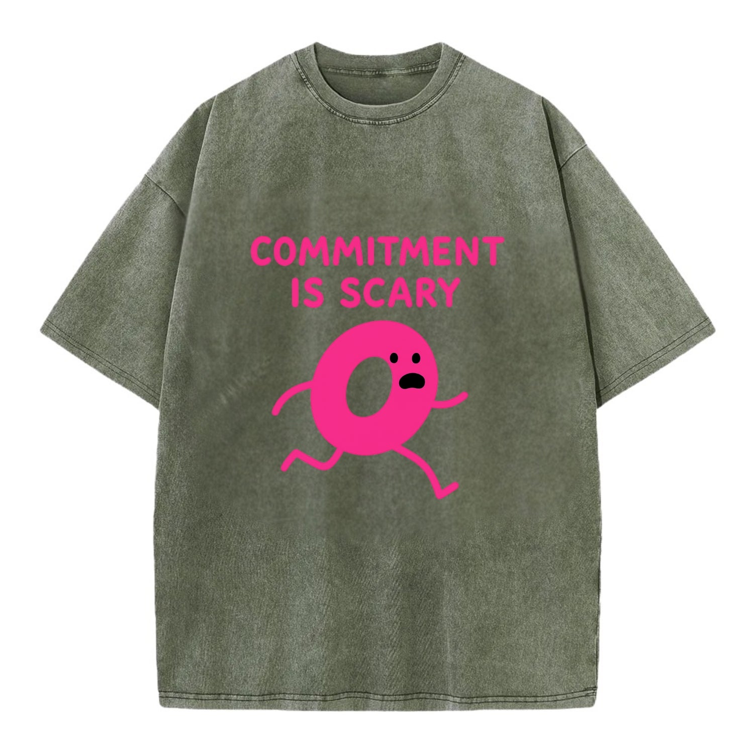 COMMITMENT IS SCARY | Terrified ring running away - Vintage T-shirt - Army Green