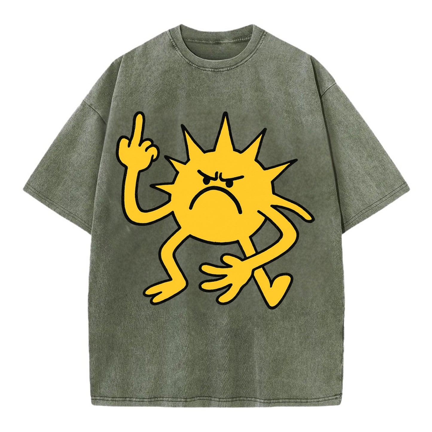 MORNINGS ARE PUNISHMENT | Grumpy sun with middle finger - Vintage T-shirt - Army Green
