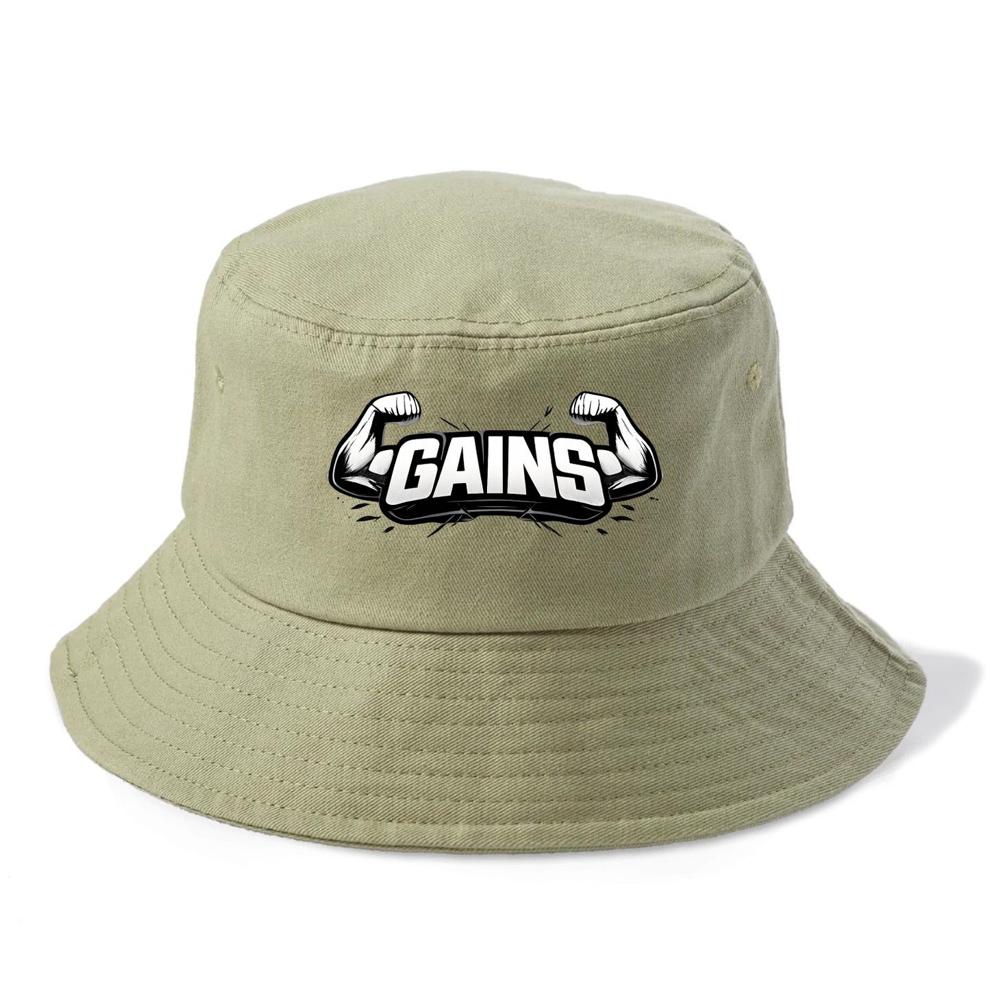 Bold typography design - "GAINS" - muscle growth, progress visible - Bucket Hat - Army Green