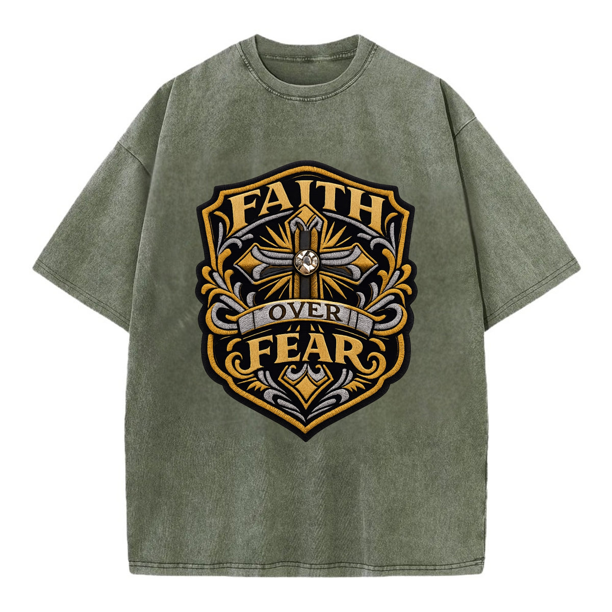 FAITH OVER FEAR - cross with text in gold , spiritual strength - Vintage T-shirt - Army Green