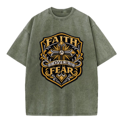 FAITH OVER FEAR - cross with text in gold , spiritual strength - Vintage T-shirt - Army Green