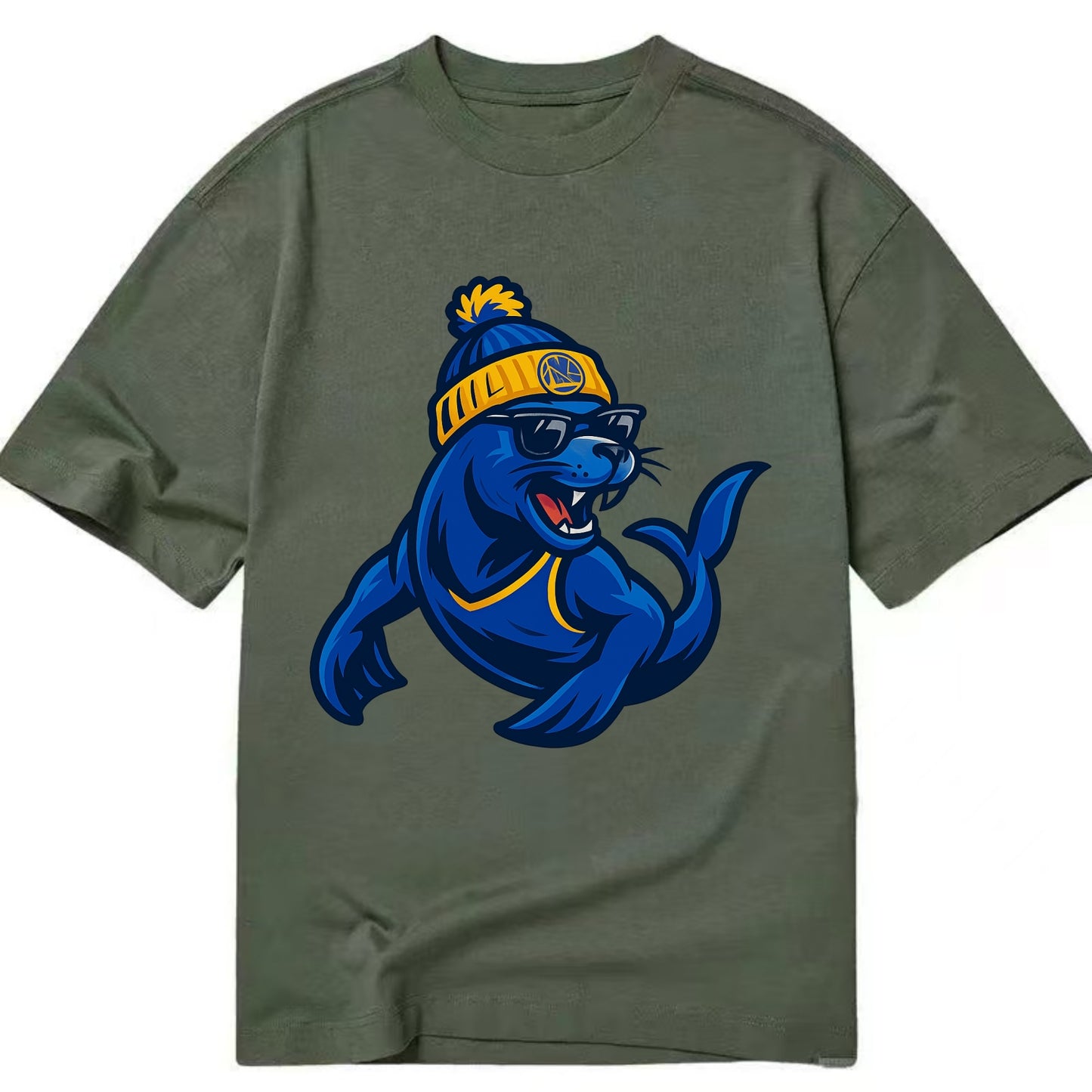 Bay Area Sea Lion wearing Warriors blue and gold beanie with Golden Gate and - Classic T-shirt - Army Green