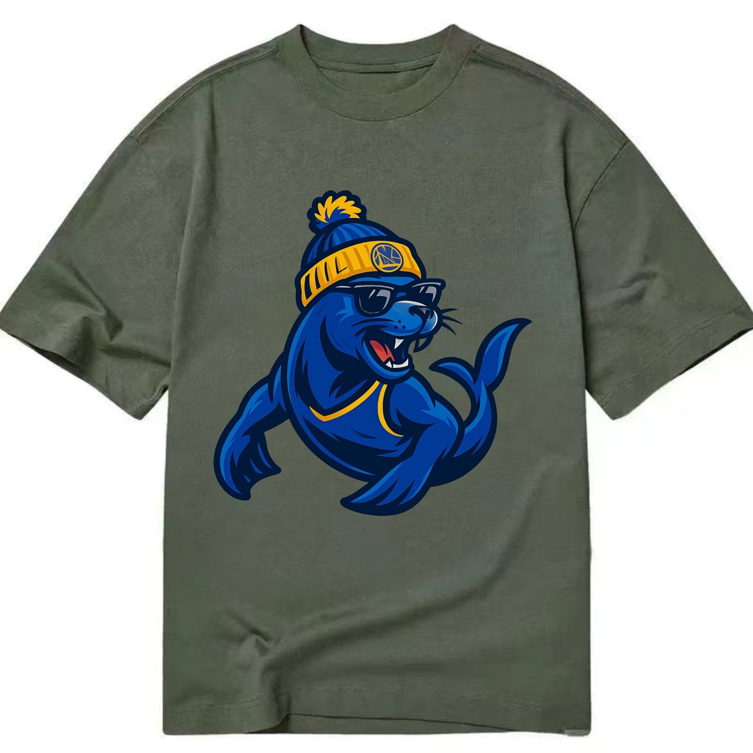 Bay Area Sea Lion wearing Warriors blue and gold beanie with Golden Gate and - Classic T-shirt - Army Green
