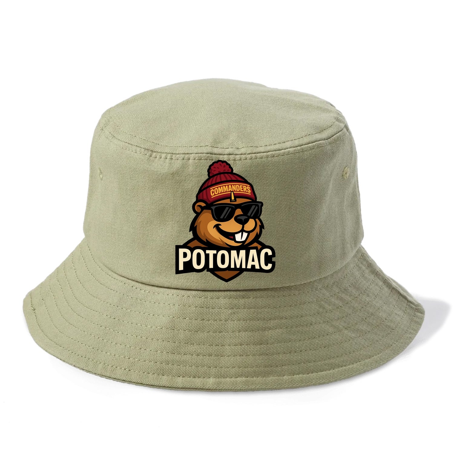 Potomac Beaver wearing Commanders beanie with monument patch and wayfarer sunglasses - Bucket Hat - Army Green