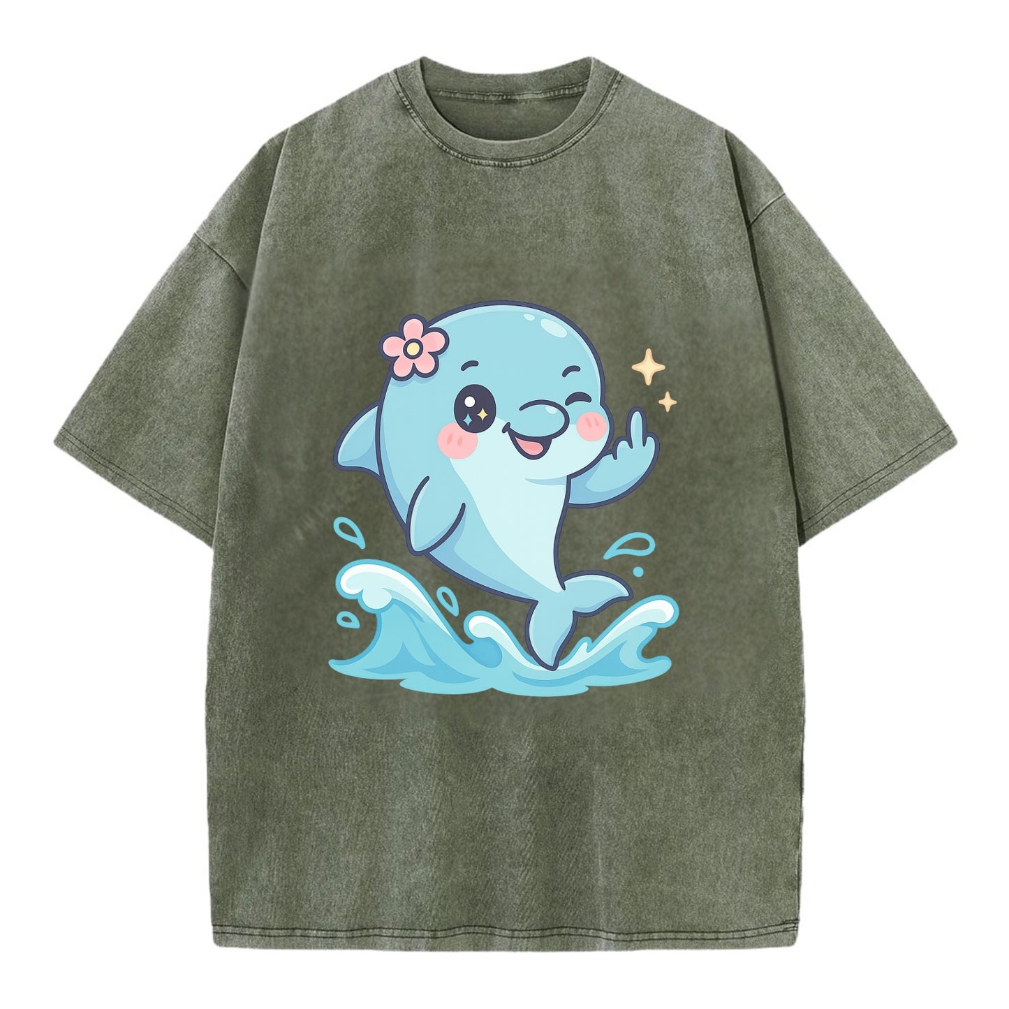 smiling dolphin jumping through ocean waves, one fin up with attitude - Vintage T-shirt - Army Green