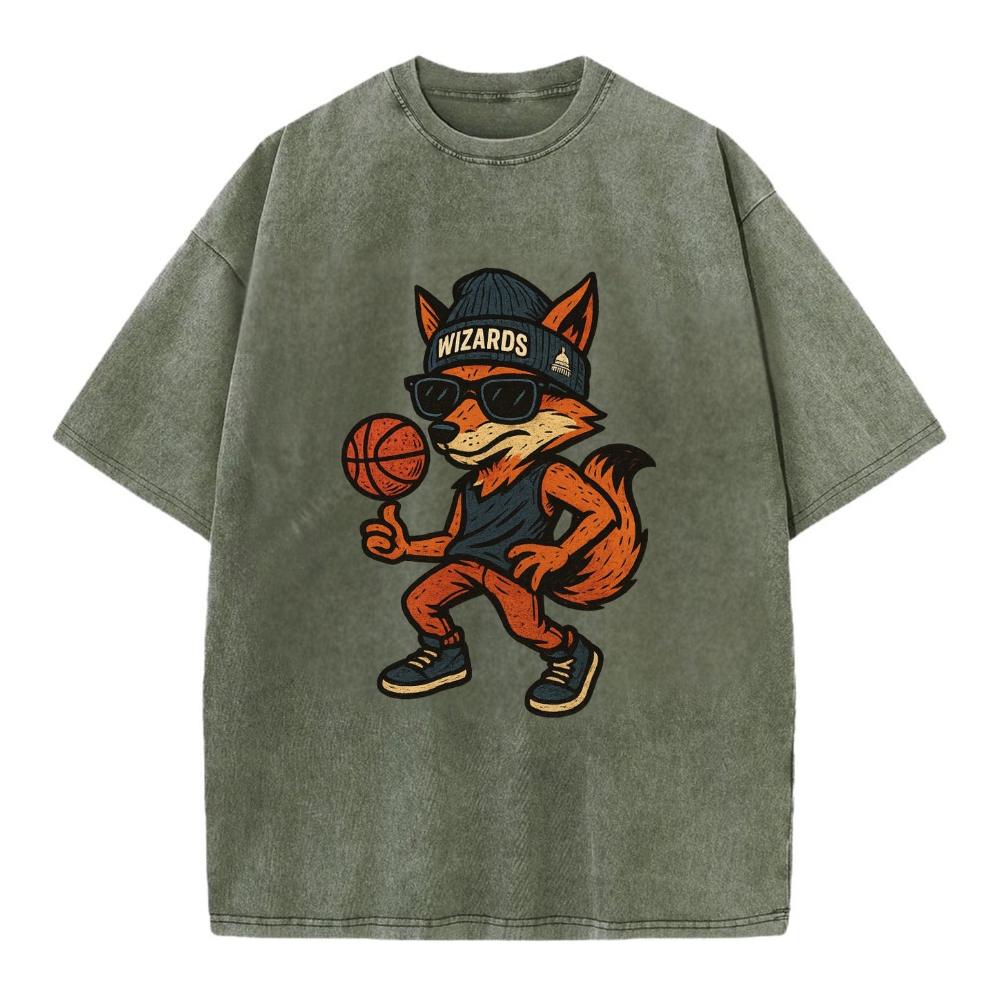 Washington Fox wearing Wizards beanie with capitol patch and wayfarer sunglasses - Vintage T-shirt - Army Green