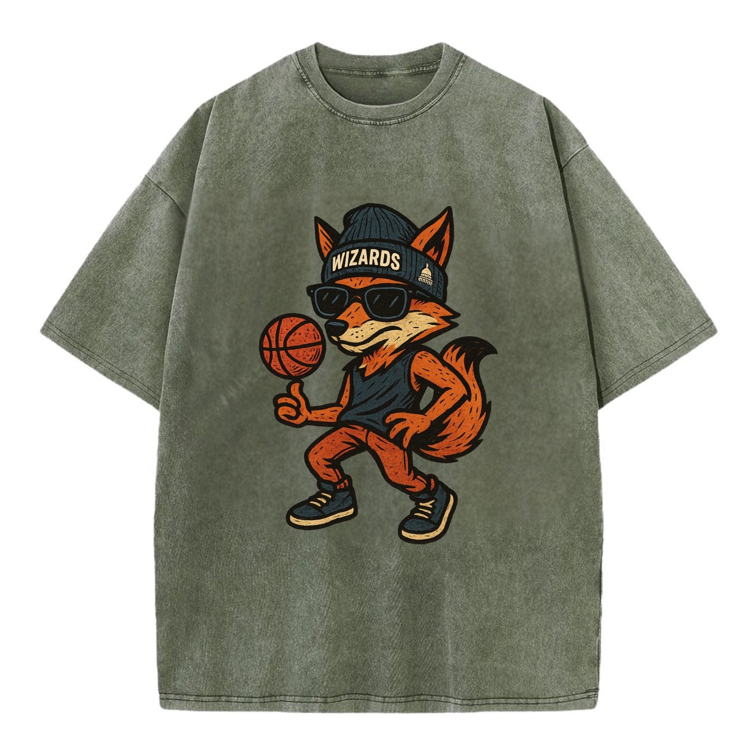 Washington Fox wearing Wizards beanie with capitol patch and wayfarer sunglasses - Vintage T-shirt - Army Green