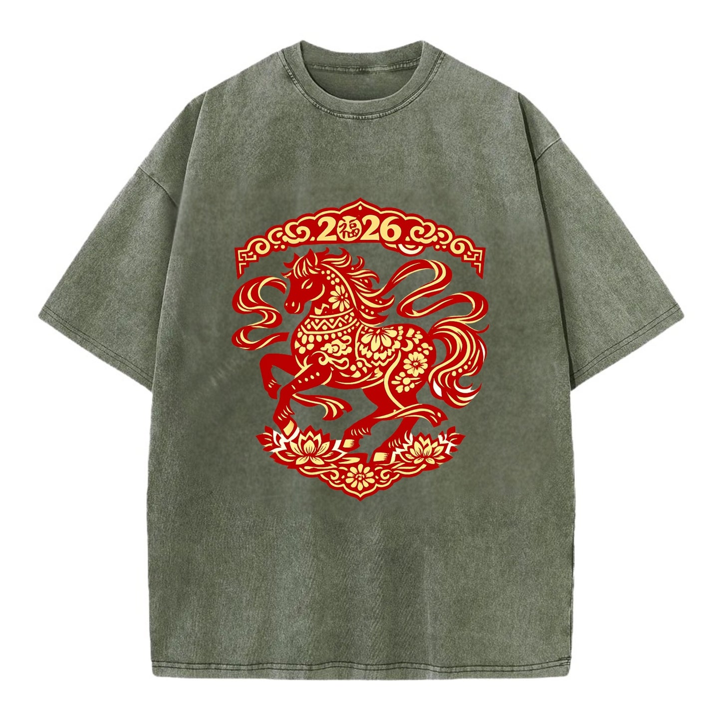 DANCING HORSE | Elegant prancing horse in motion | Graceful curved pose | - Vintage T-shirt - Army Green