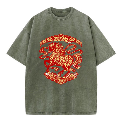 DANCING HORSE | Elegant prancing horse in motion | Graceful curved pose | - Vintage T-shirt - Army Green