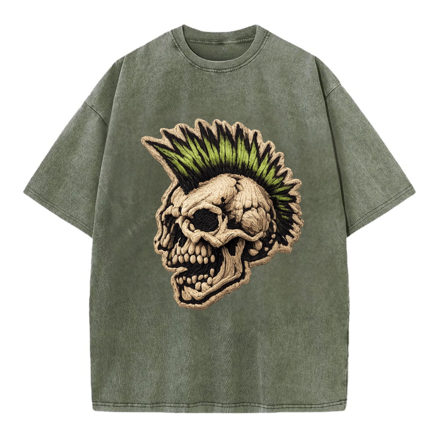 MOHAWK SKULL - punk skull with mohawk in neon green and black , punk rock - Vintage T-shirt - Army Green