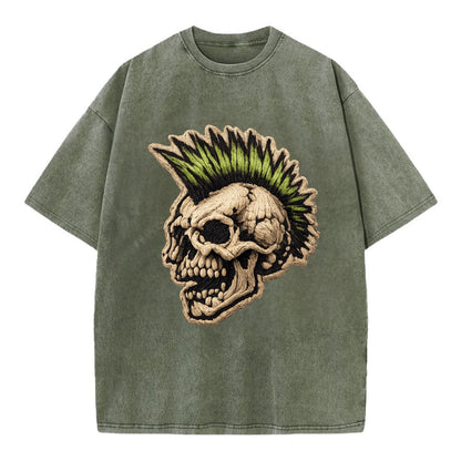 MOHAWK SKULL - punk skull with mohawk in neon green and black , punk rock - Vintage T-shirt - Army Green
