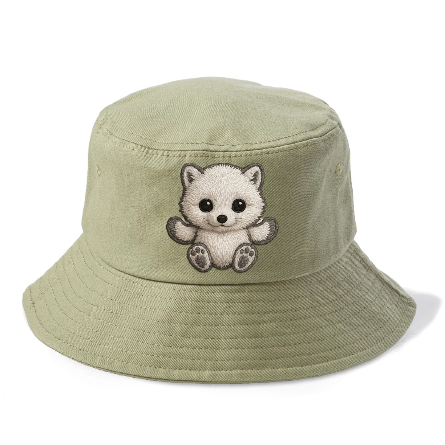 Baby Arctic Fox - white fluffy, tiny black nose, bright curious eyes, front-facing, - Bucket Hat - Army Green