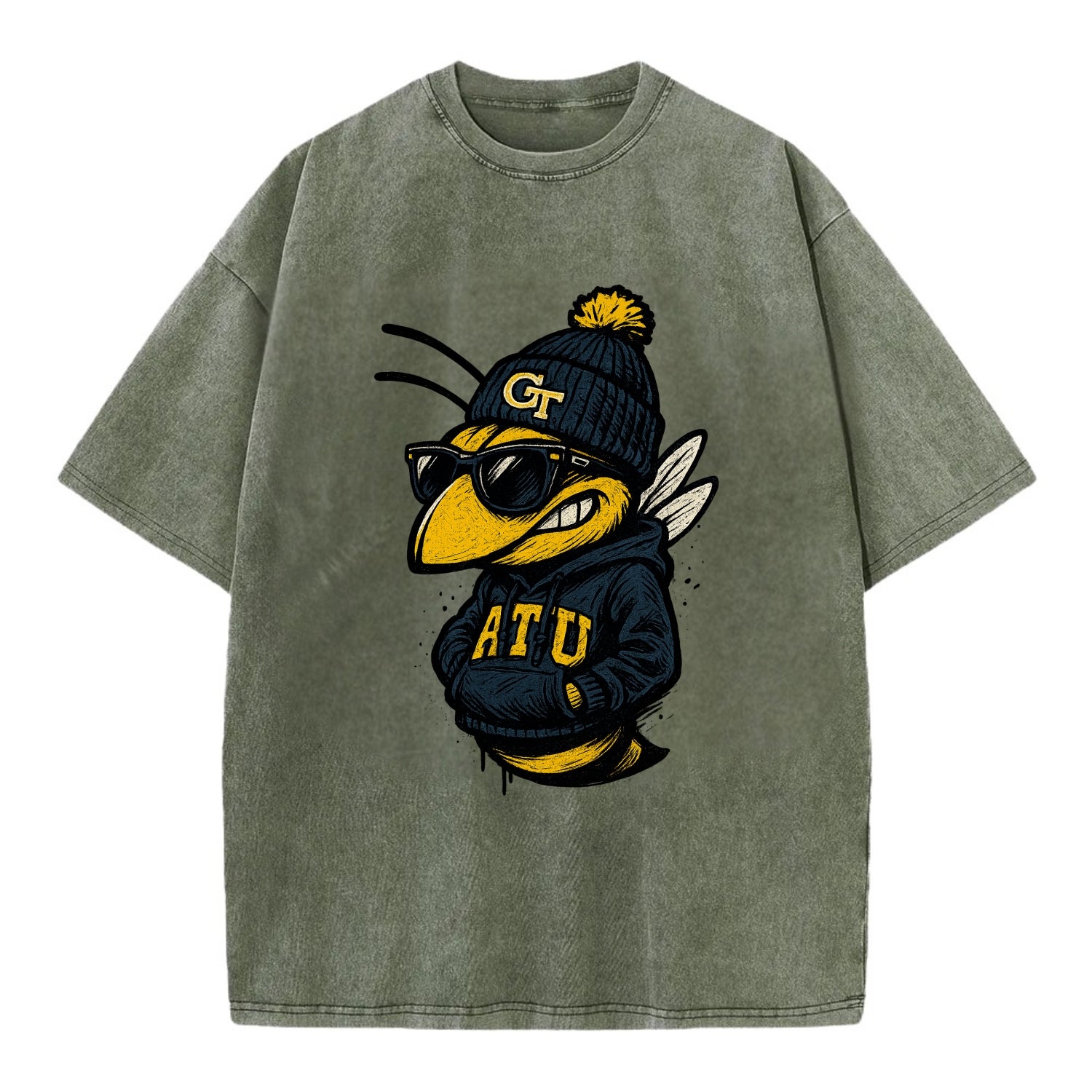 Atlanta Yellow Jacket wearing Georgia Tech beanie with GT patch - Vintage T-shirt - Army Green