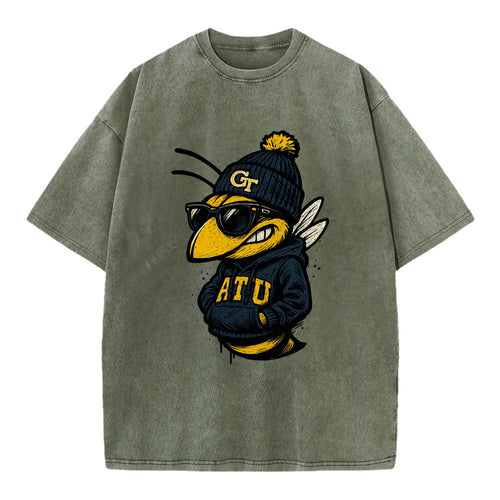 Atlanta Yellow Jacket wearing Georgia Tech beanie with GT patch - Vintage T-shirt