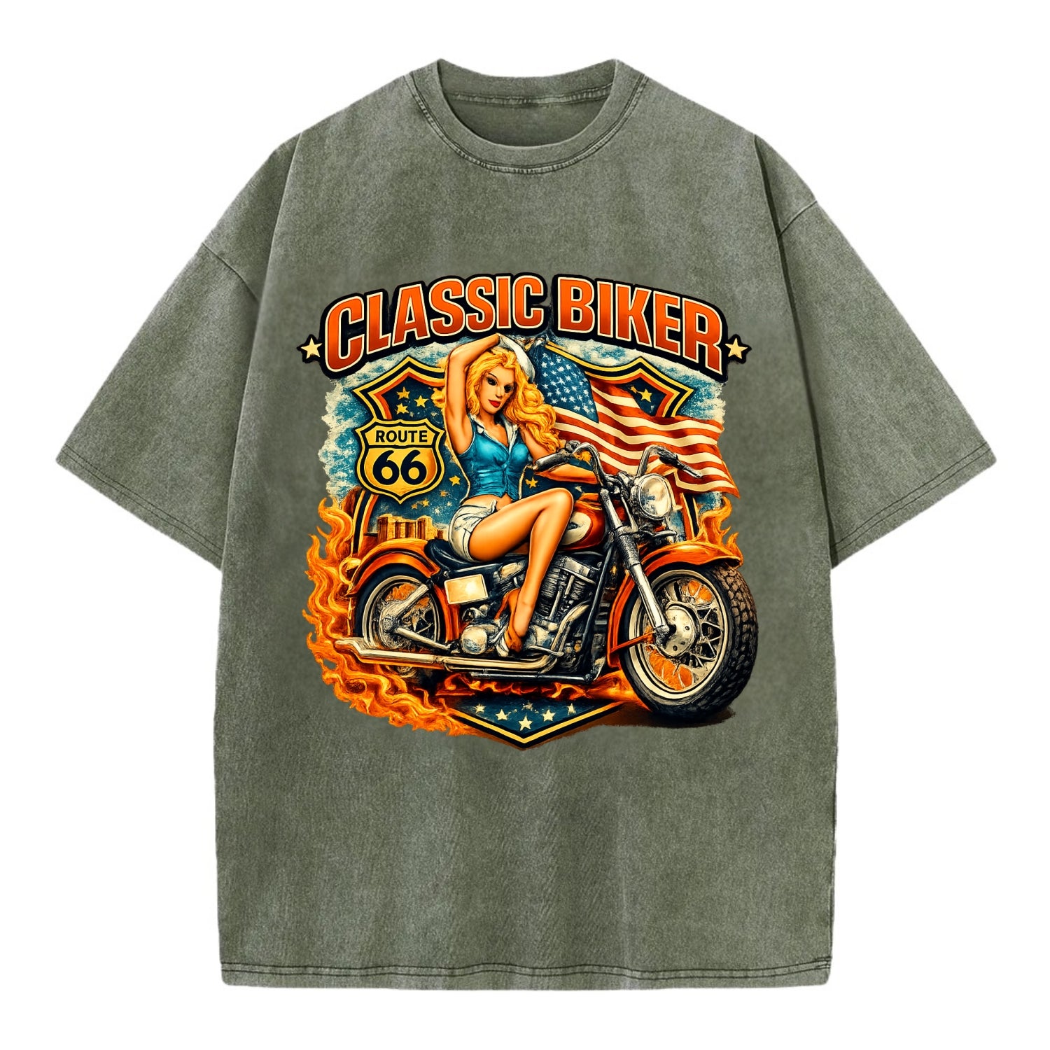 Classic Pinup Biker - Vintage T-shirt - Army Green