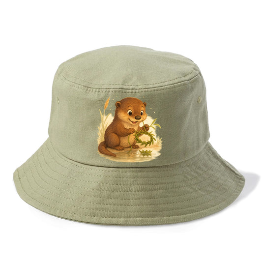 Otter weaving river reeds into a floating crown beside mirror-still water - Bucket Hat - Army Green
