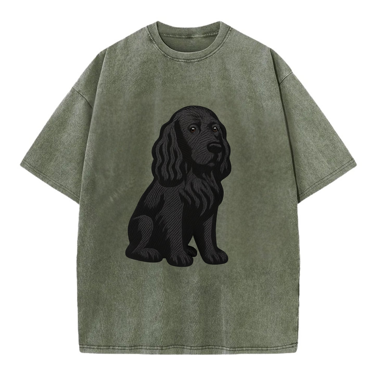 Field Spaniel - Black silky coat embroidered pose - Vintage T-shirt - Army Green