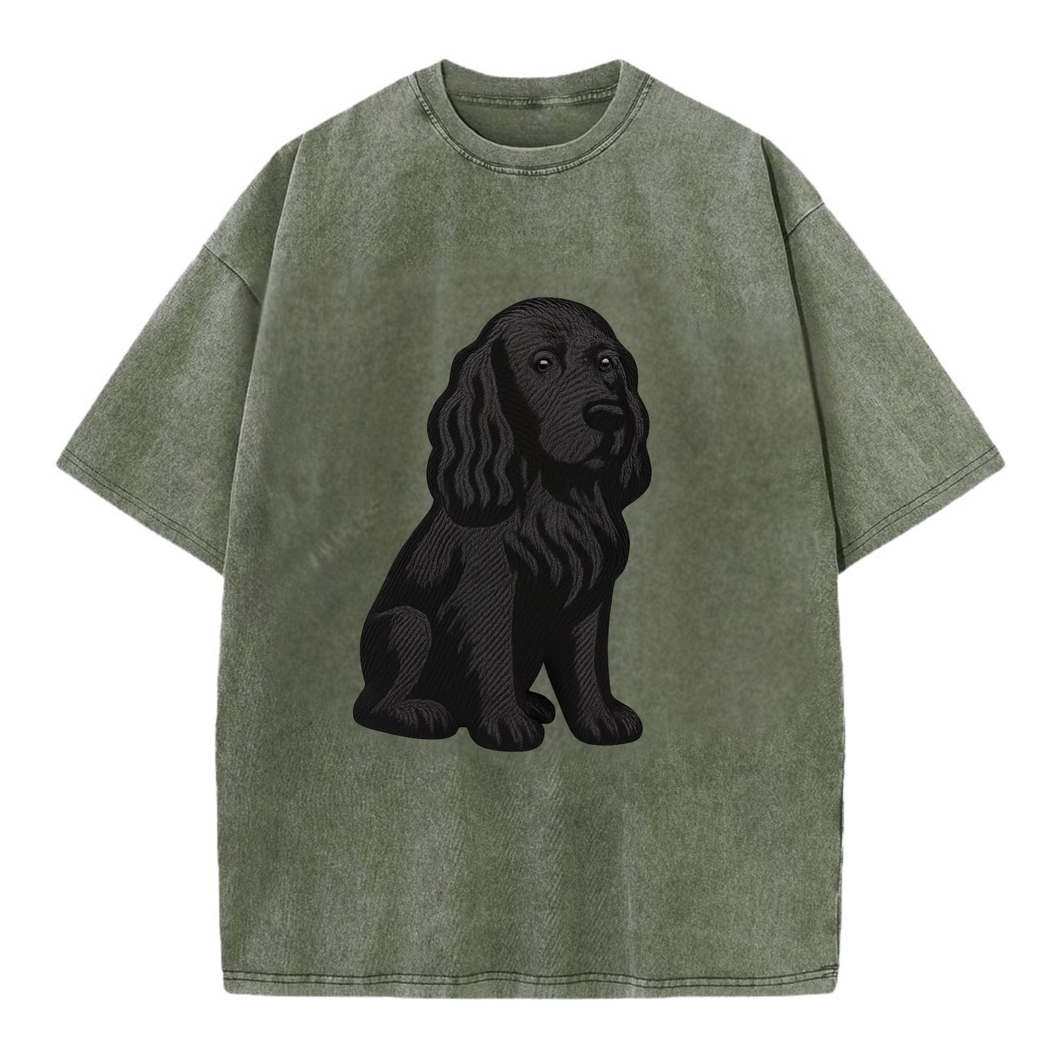 Field Spaniel - Black silky coat embroidered pose - Vintage T-shirt - Army Green
