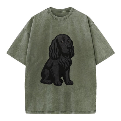Field Spaniel - Black silky coat embroidered pose - Vintage T-shirt - Army Green