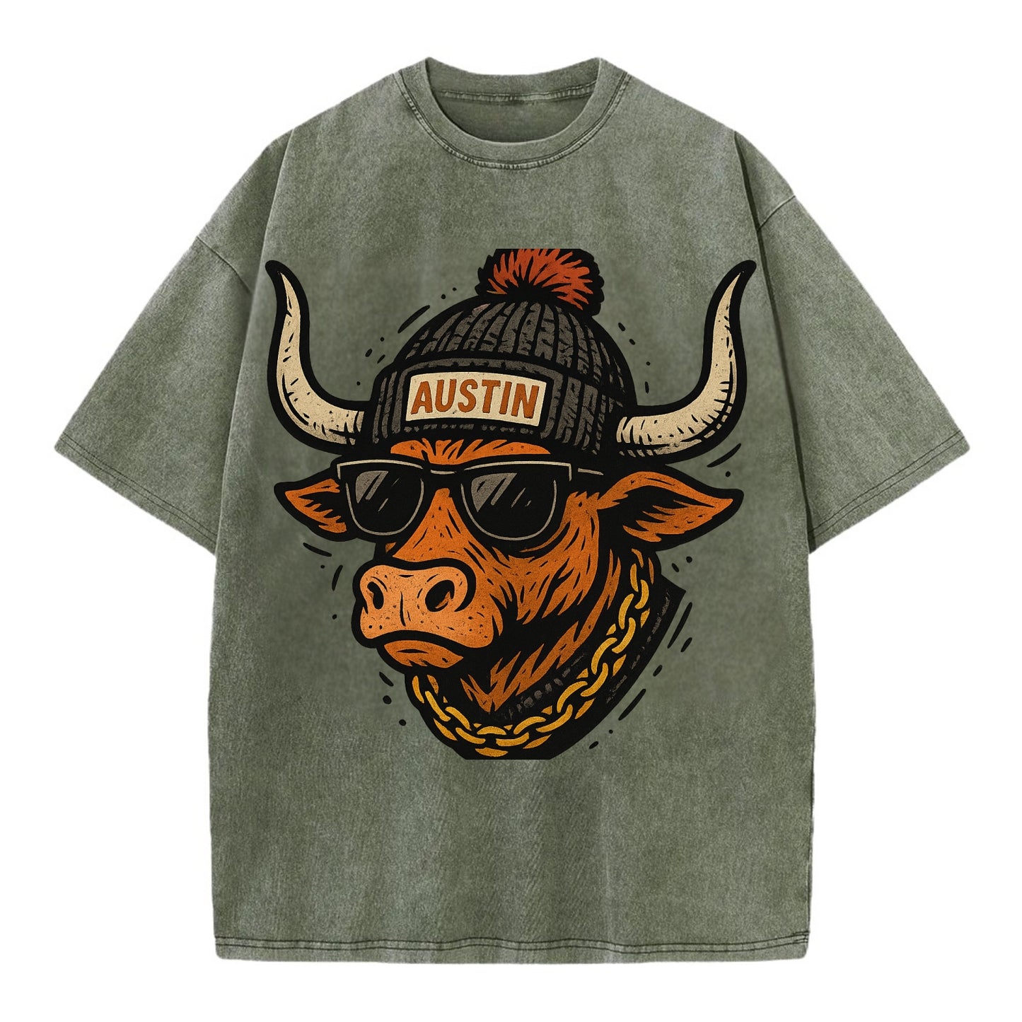 Texas Longhorn wearing Austin beanie with pom pom and wayfarer sunglasses - Vintage T-shirt - Army Green