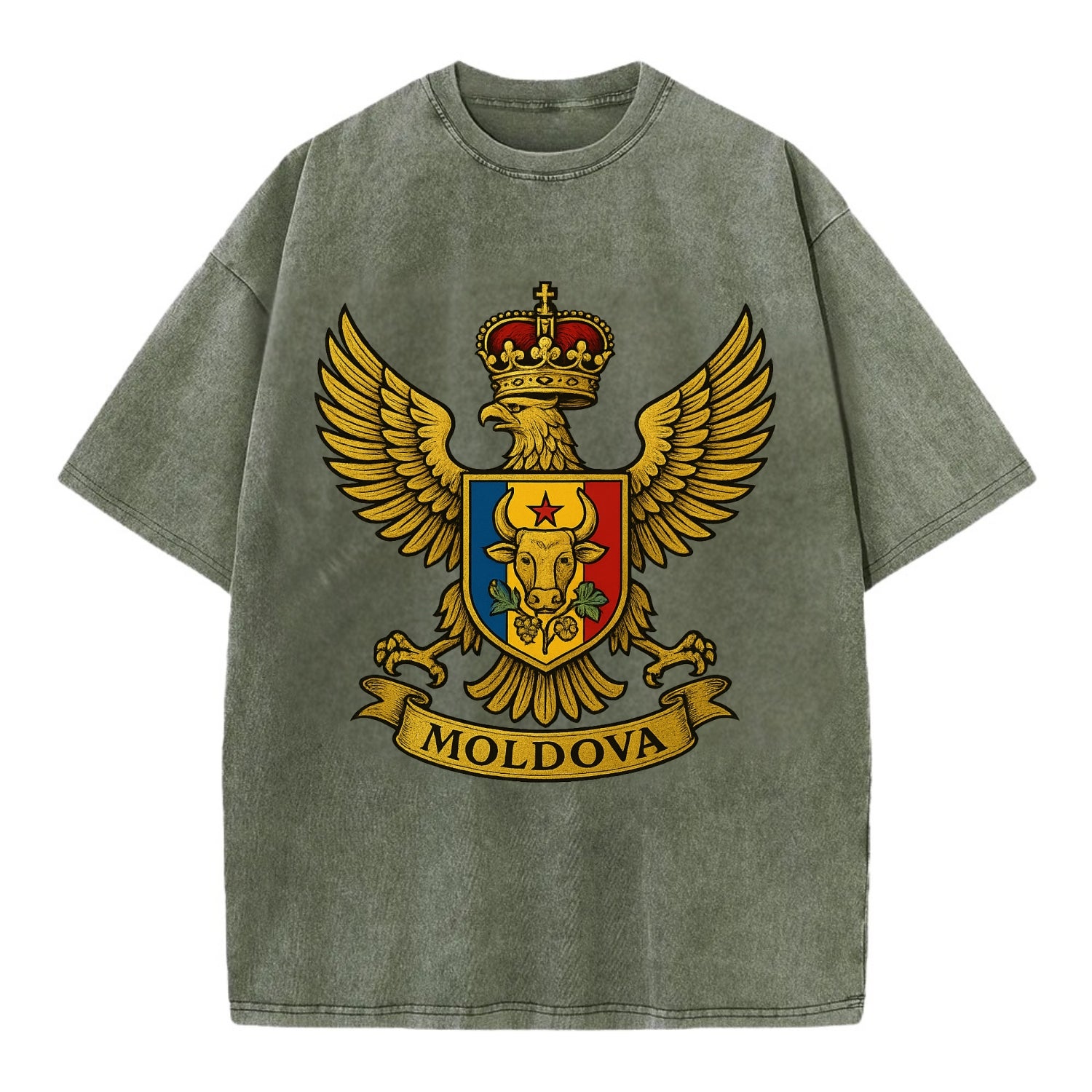 Moldova Heritage Badge  - Vintage T-shirt - Army Green