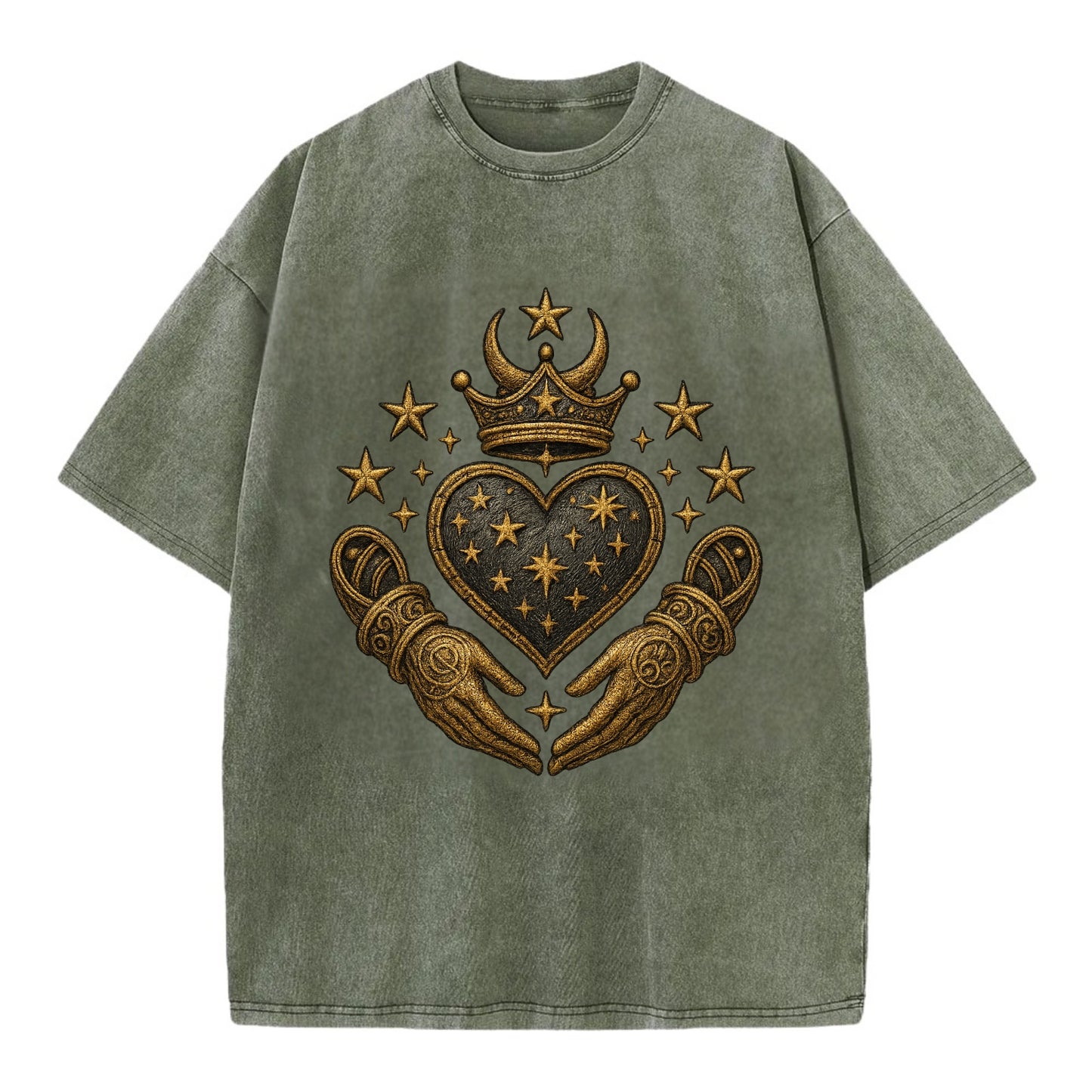Weathered antique brass crown above a hammered gunmetal heart framed by ivy-woven - Vintage T-shirt - Army Green