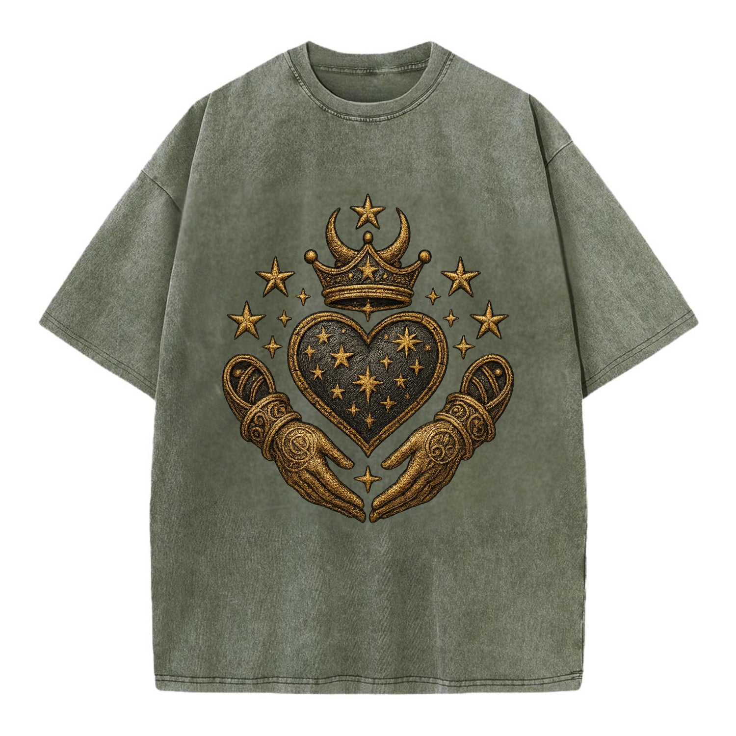 Weathered antique brass crown above a hammered gunmetal heart framed by ivy-woven - Vintage T-shirt - Army Green