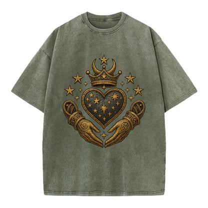 Weathered antique brass crown above a hammered gunmetal heart framed by ivy-woven - Vintage T-shirt - Army Green
