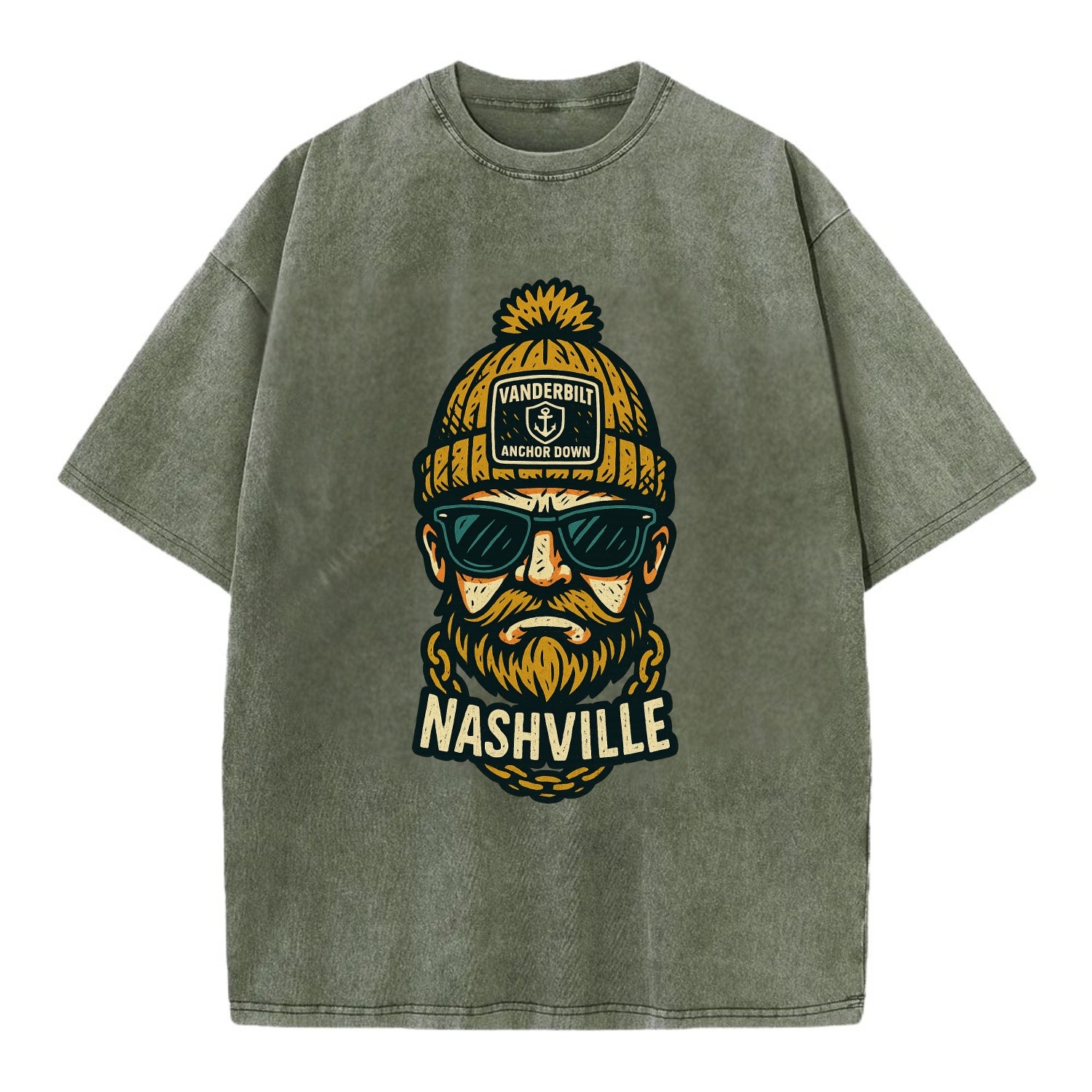 Nashville Commodore wearing Vanderbilt beanie with anchor patch - Vintage T-shirt - Army Green