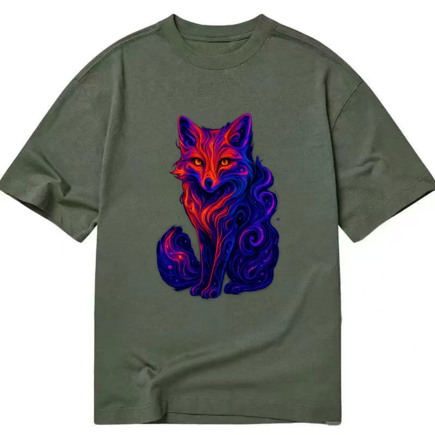 Clever fox with tail dissolving into cosmic nebula swirls, orange to purple - Classic T-shirt - Army Green