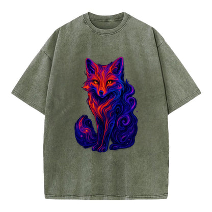 Clever fox with tail dissolving into cosmic nebula swirls, orange to purple - Vintage T-shirt - Army Green