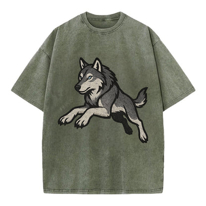 Wolf Leaping Action  - Vintage T-shirt - Army Green