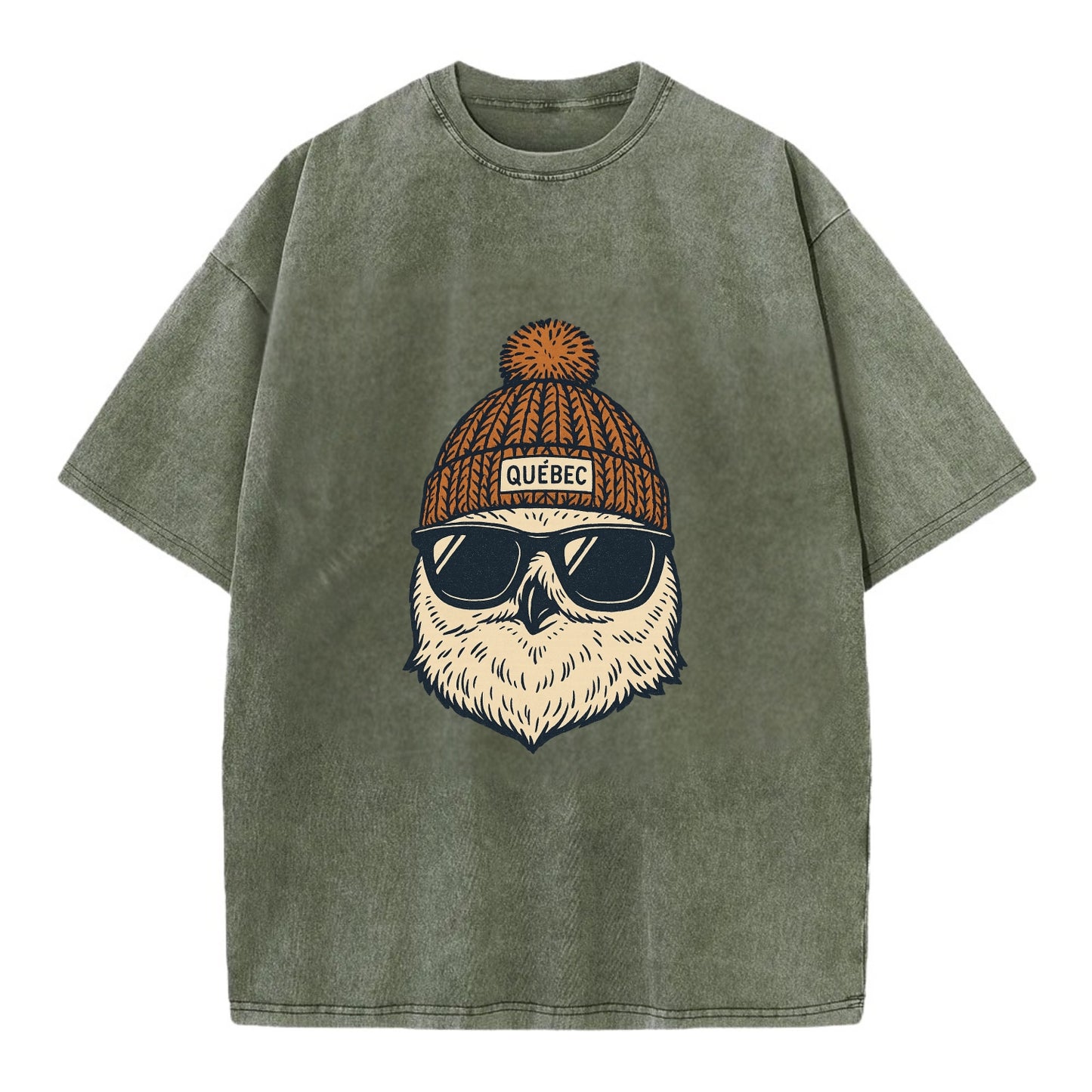 Quebec City Snowy Owl wearing Quebec beanie with pom pom and wayfarer sunglasses - Vintage T-shirt - Army Green