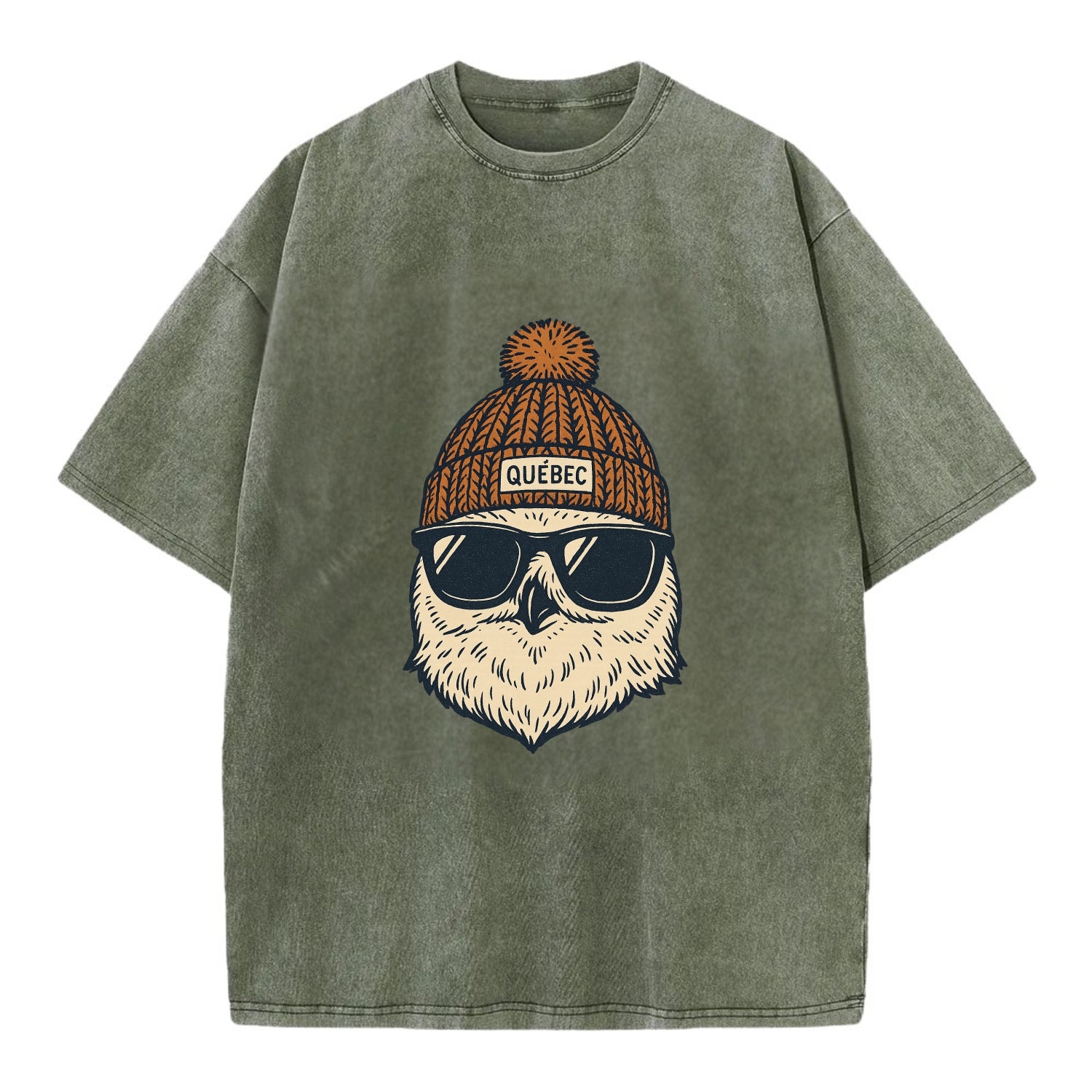 Quebec City Snowy Owl wearing Quebec beanie with pom pom and wayfarer sunglasses - Vintage T-shirt - Army Green