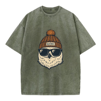 Quebec City Snowy Owl wearing Quebec beanie with pom pom and wayfarer sunglasses - Vintage T-shirt - Army Green