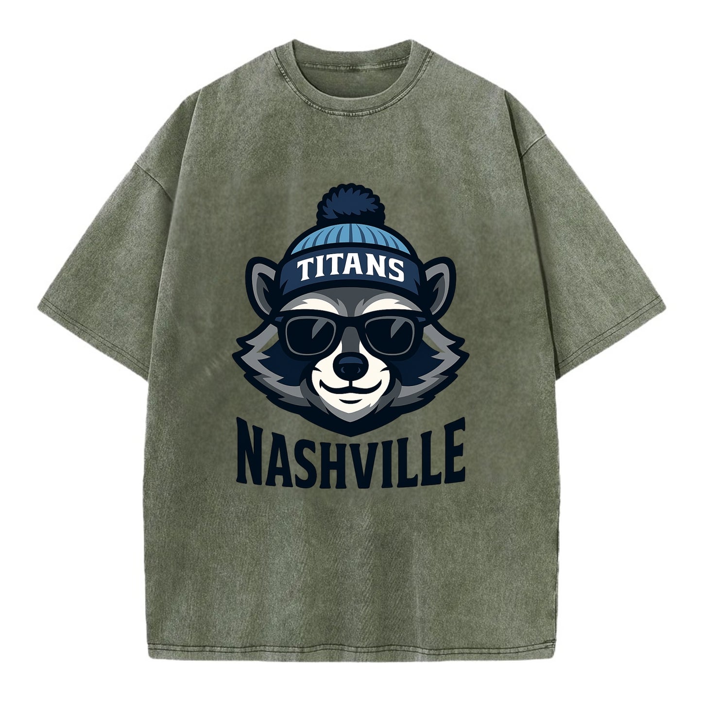 Nashville Raccoon wearing Titans navy and light blue beanie with pom pom and - Vintage T-shirt - Army Green