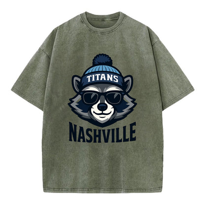 Nashville Raccoon wearing Titans navy and light blue beanie with pom pom and - Vintage T-shirt - Army Green