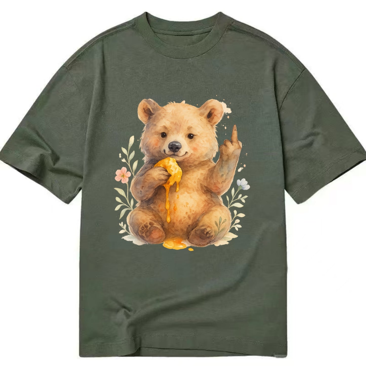 chubby bear cub eating dripping honey, sticky paw up with middle finger - Classic T-shirt - Army Green