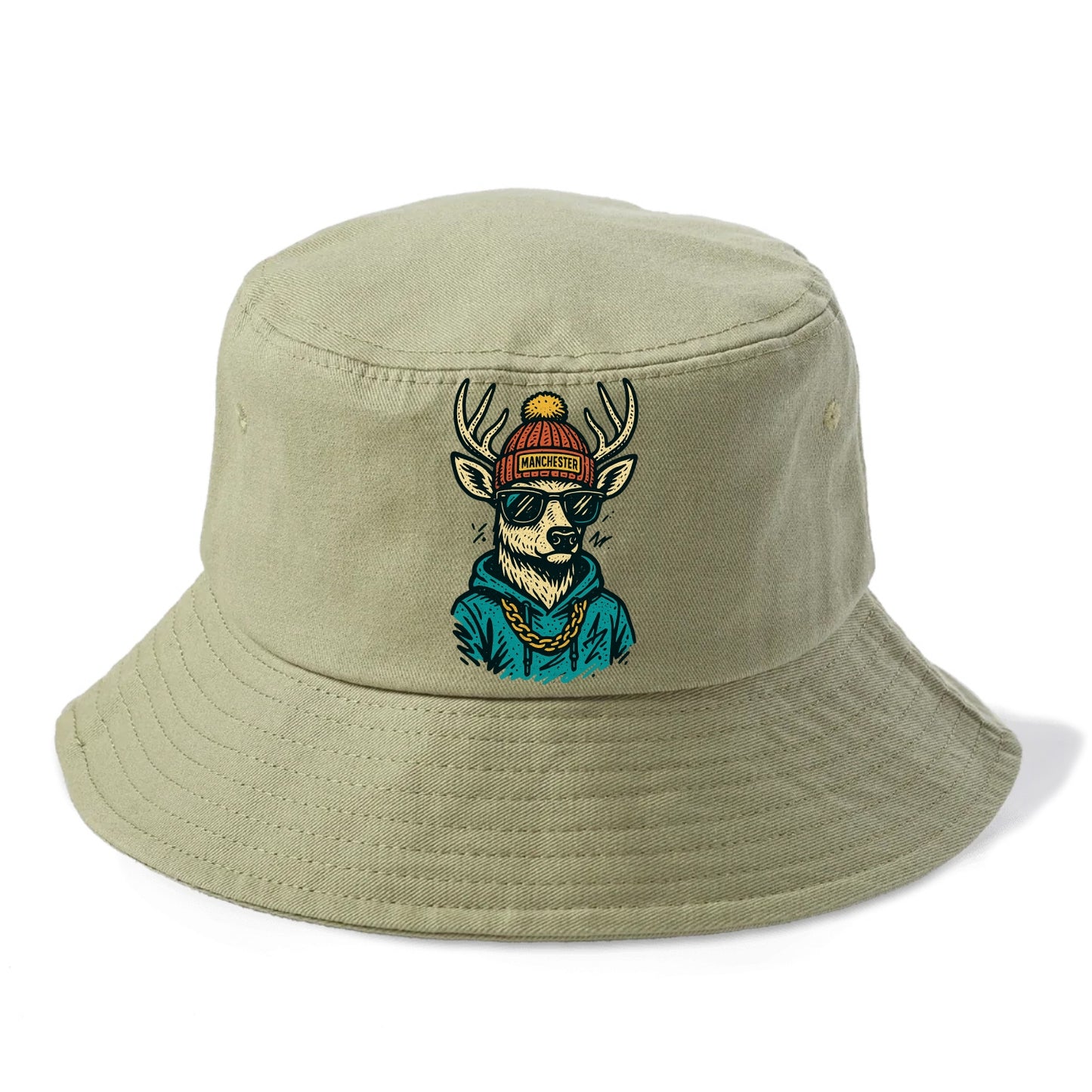 New Hampshire White-tailed Deer wearing Manchester beanie with pom pom and wayfarer - Bucket Hat - Army Green