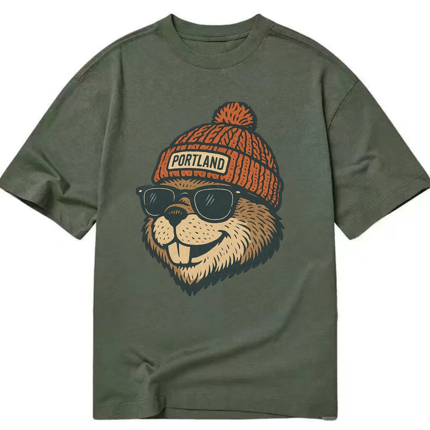Oregon Beaver wearing Portland beanie with pom pom and wayfarer sunglasses - Classic T-shirt - Army Green