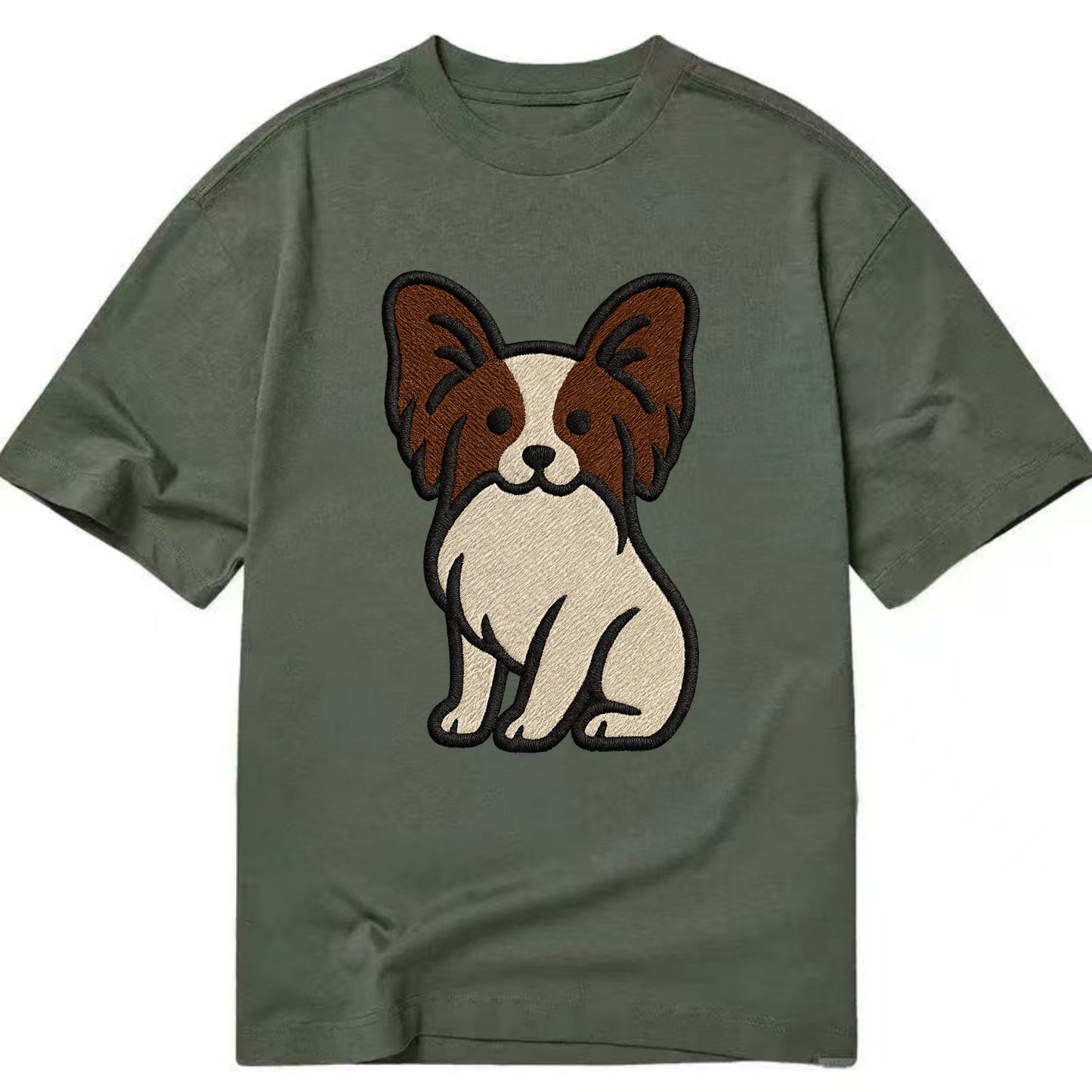 Papillon - White with brown ears sitting Classic T-shirt - Army Green