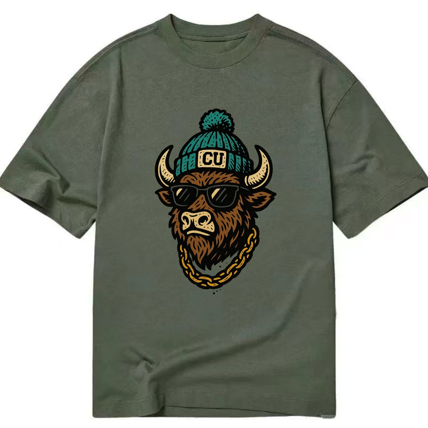 Boulder Ralphie wearing Colorado beanie with CU patch - Classic T-shirt - Army Green