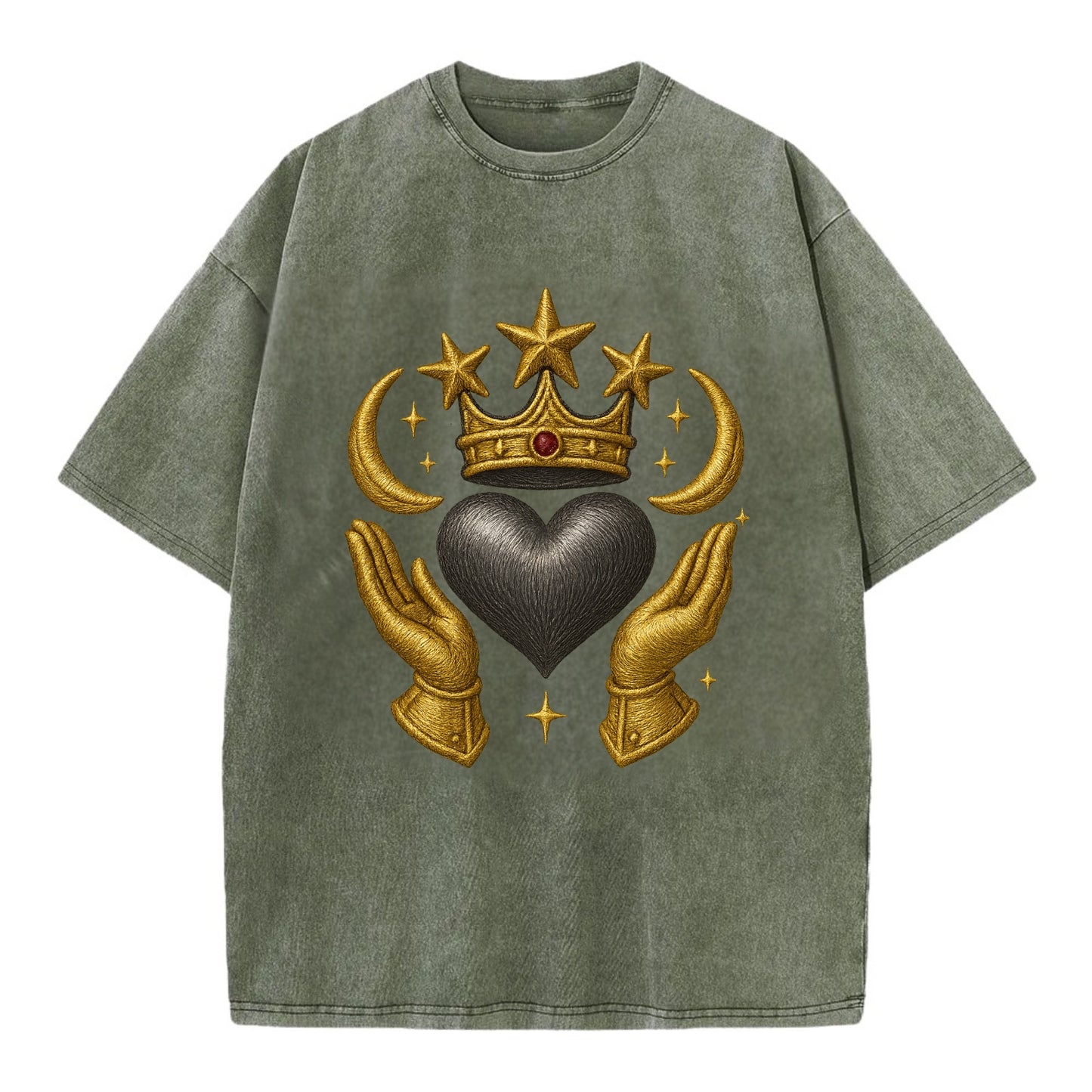 Sun goddess crown radiating golden rays over a midnight heart with henna-adorned - Vintage T-shirt - Army Green
