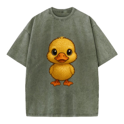 Baby Duck Duckling - yellow fluffy, orange beak, bright eyes, front-facing, quack - Vintage T-shirt - Army Green