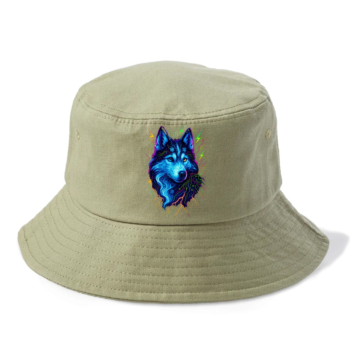 Siberian husky with ice-crystal flowing patterns, electric blue and white swirls, - Bucket Hat - Army Green