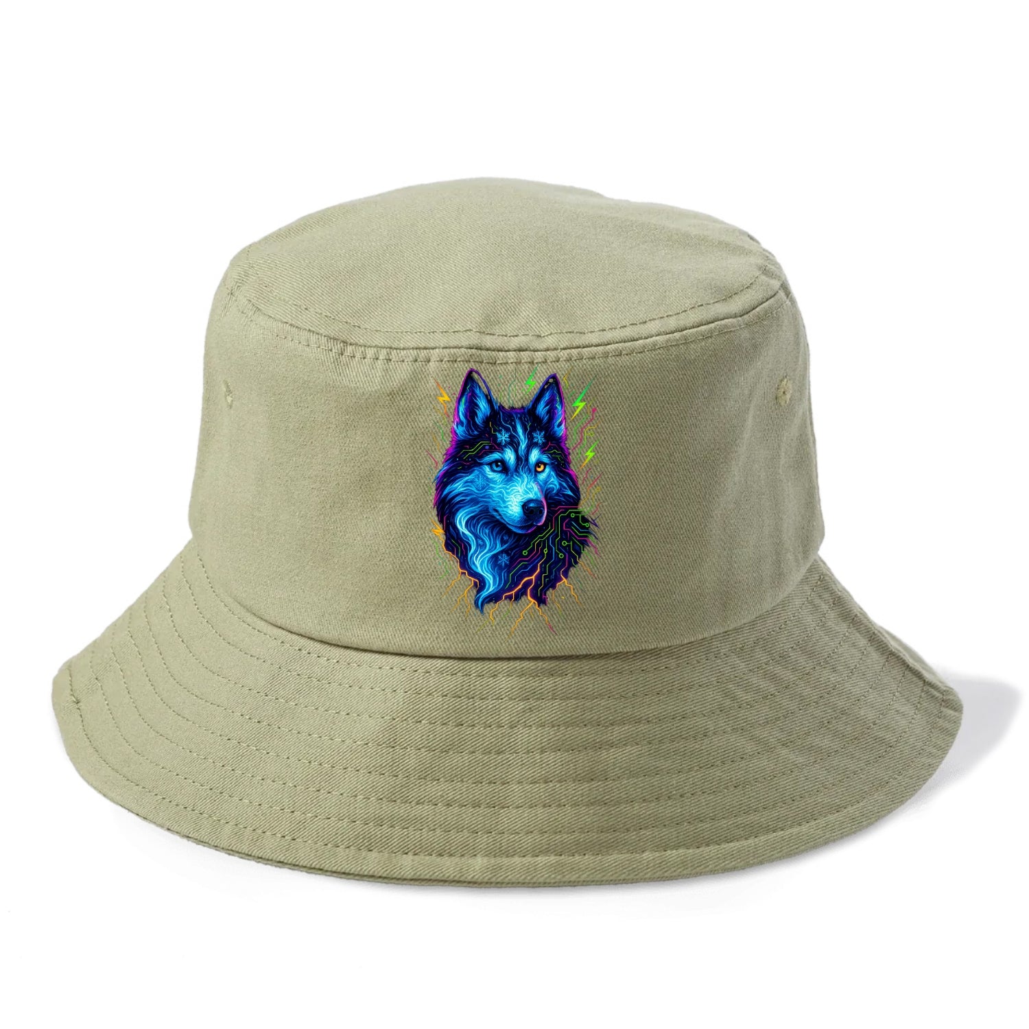 Siberian husky with ice-crystal flowing patterns, electric blue and white swirls, - Bucket Hat - Army Green