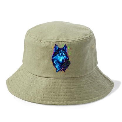 Siberian husky with ice-crystal flowing patterns, electric blue and white swirls, - Bucket Hat - Army Green