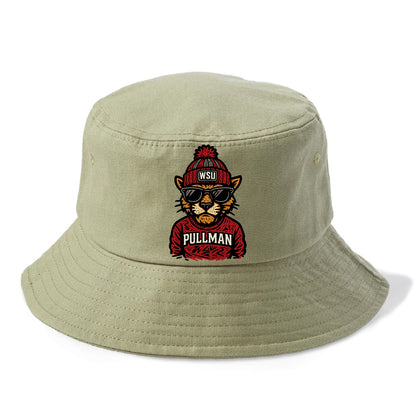 Pullman Cougar wearing Washington State beanie with WSU patch - Bucket Hat - Army Green