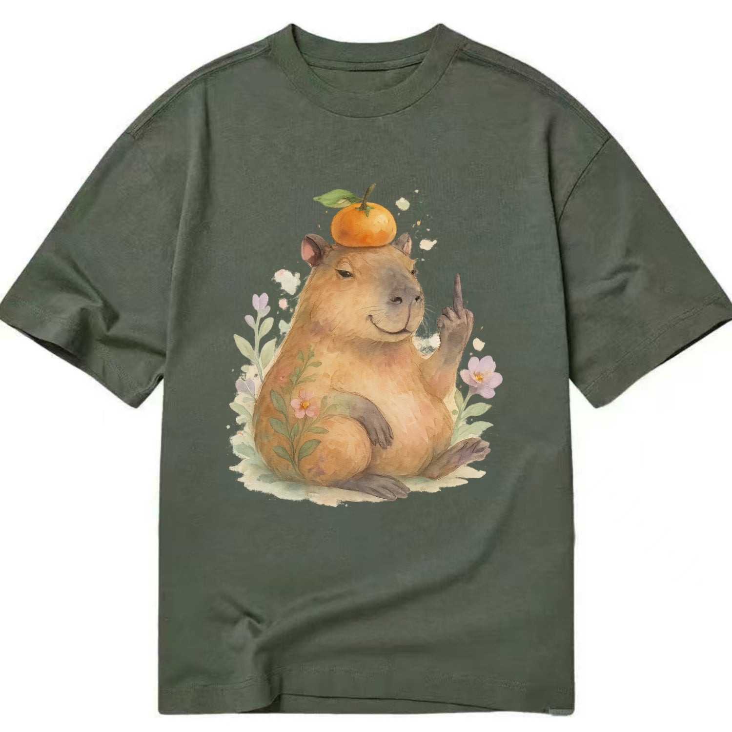 chonky capybara relaxing with orange on head, one webbed middle finger up - Classic T-shirt - Army Green