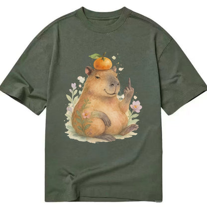 chonky capybara relaxing with orange on head, one webbed middle finger up - Classic T-shirt - Army Green